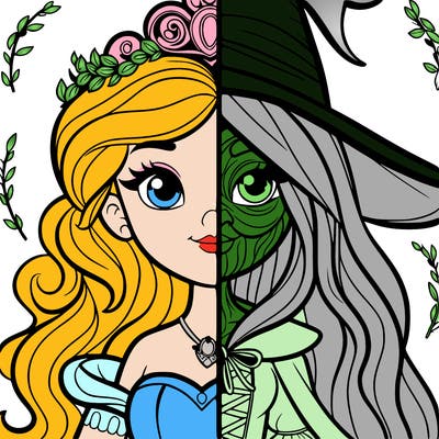 detailed realistic split of a princess and a witch