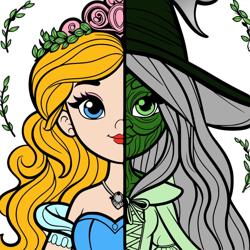 detailed realistic split of a princess and a witch