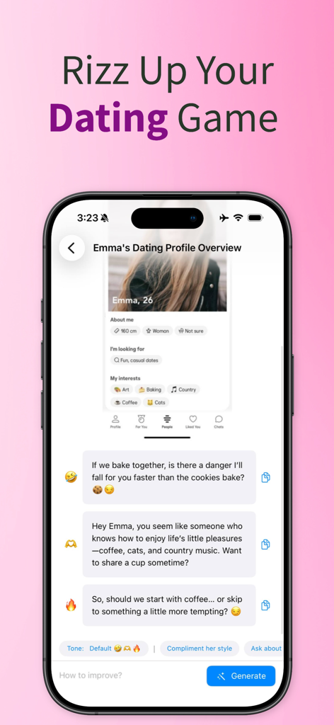 Rizzler AI: Texting Wingman - Rizzler AI app interface showing generated pickup lines based on a dating profile screenshot.