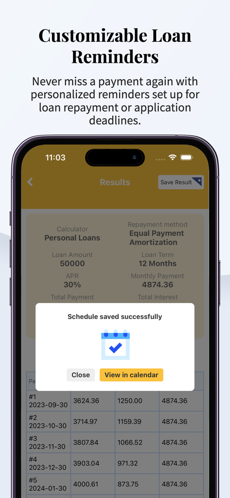 Screenshot of the Bear Loan Calculator app showing customizable loan repayment reminders and a schedule saved confirmation