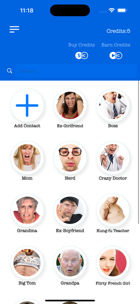 Who's Calling Prank Phone Call - Una lista de personajes humorísticos de llamadas falsas en la interfaz de la app Whos Calling.