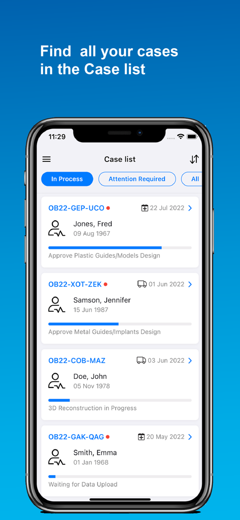 Mimics Flow - Interface do aplicativo móvel Mimics Flow exibindo uma lista de casos médicos com nomes de pacientes e barras de progresso do status do fluxo de trabalho