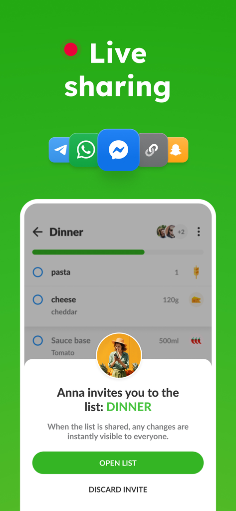 Listonic app showing live sharing feature with an invitation to a shared grocery list