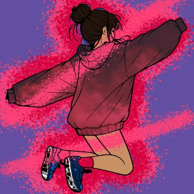 realistic girl jumping with a bun and oversized sweatshirt