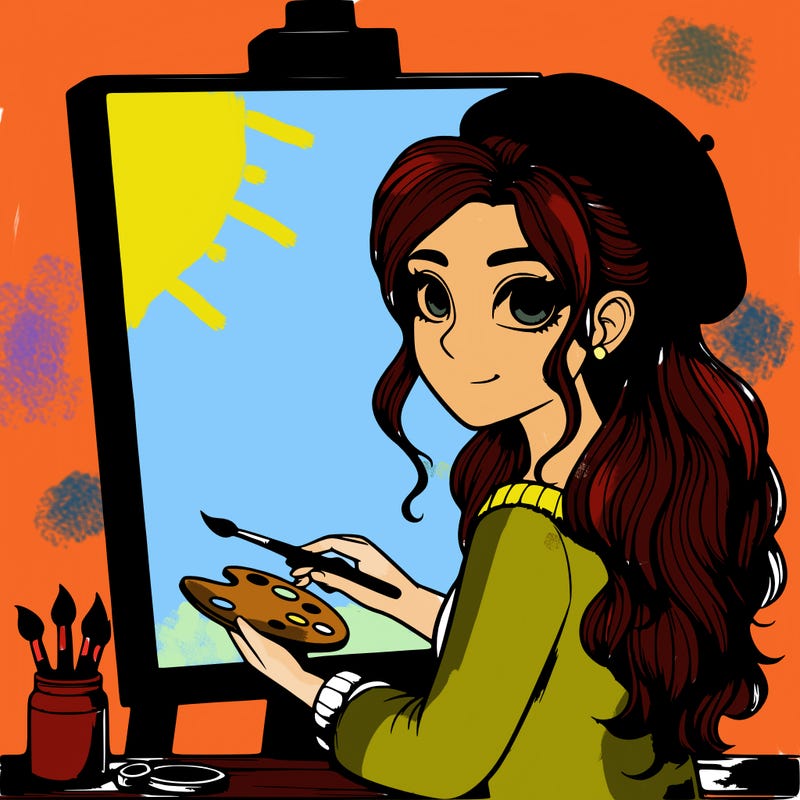 realistic girl artist painting a blank canvas