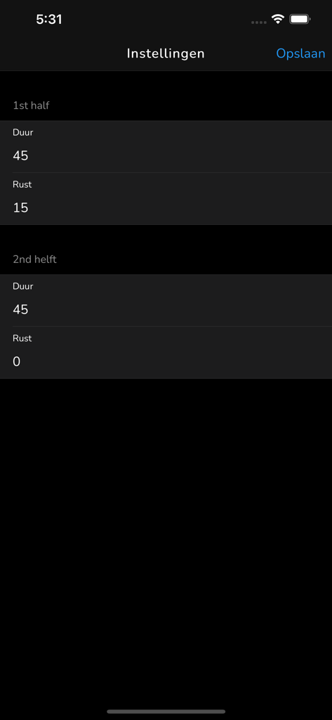 LED Scores - Match duration and break time settings screen in the LED Scores app.