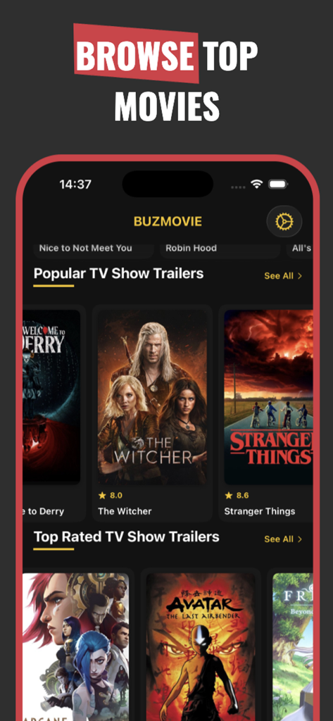 Buz Movie - Interface de l'application Buz Movie affichant des bandes-annonces de séries télévisées populaires et les mieux notées avec leurs notes