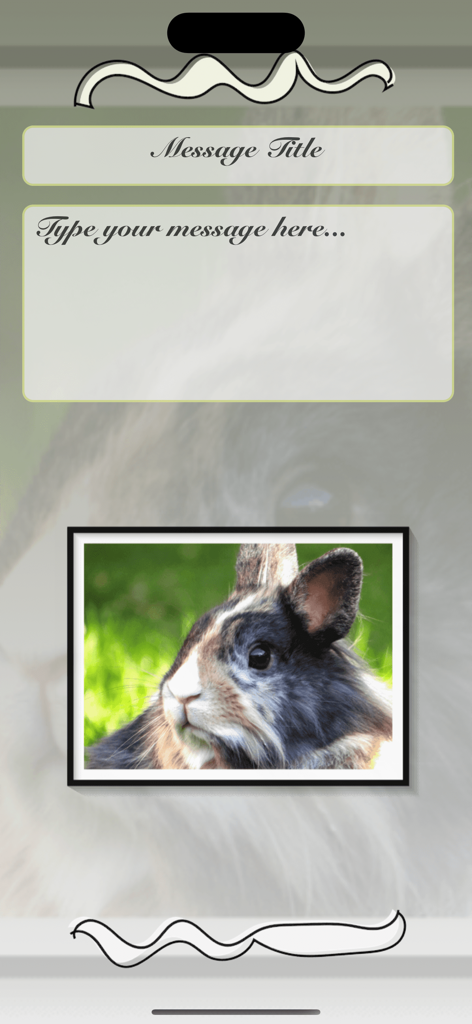 Happy Easter • Greeting cards - The card editing screen showing title and message fields above a framed rabbit photo.