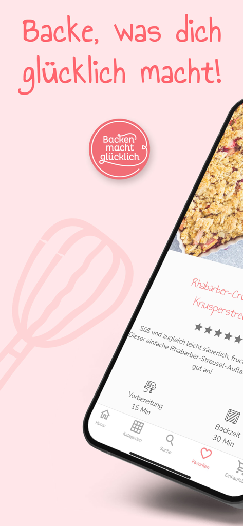 Backen macht glücklich - 携帯電話でルバーブクランブルのレシピを表示するベーキングアプリのインターフェース