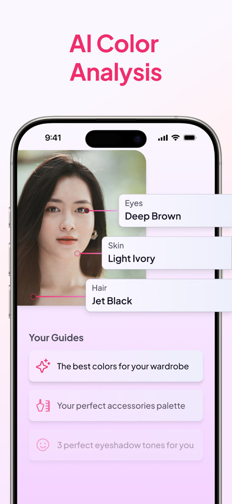 GlowX: AI Beauty & Makeup Tips - Smartphone screen showing GlowX AI color analysis of a woman's face with skin hair and eye color detection