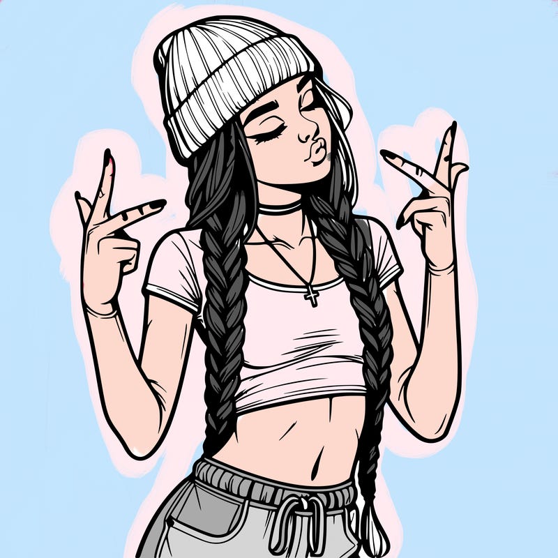 realistic teenage girl with braids and a beanie and crop top doing 🫶🏼