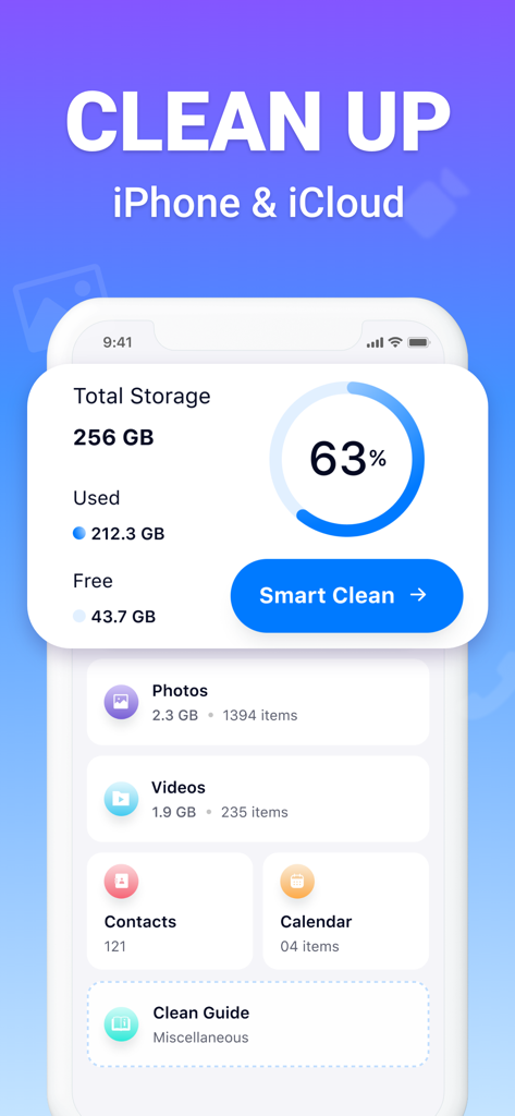 Delete duplicate photos - Wipe - Dashboard of Cleaner plus app showing storage analysis and a smart clean button