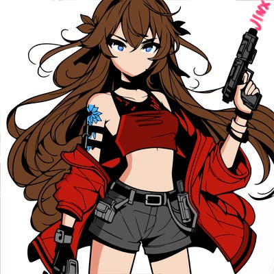 bad girl wearing crop top holding a gun long hair anime