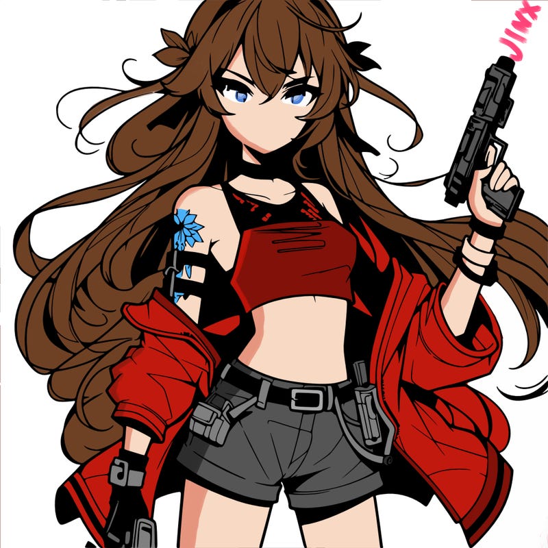 bad girl wearing crop top holding a gun long hair anime