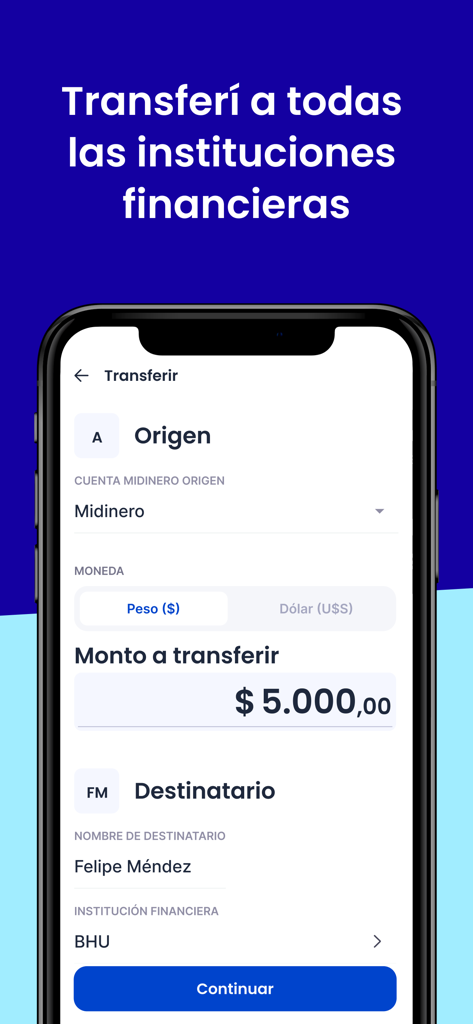 Midinero App - Pantalla de la aplicación móvil Midinero para enviar transferencias de dinero a instituciones financieras