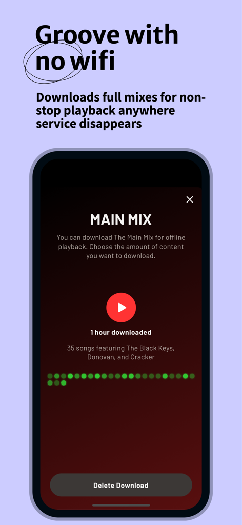 Radio Paradise - Pantalla de la aplicación móvil Radio Paradise que muestra la función de descarga de Main Mix sin conexión con una hora de música descargada