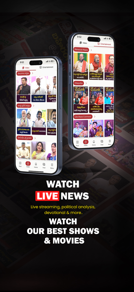 HIT TV - Two smartphones displaying the HIT TV app interface with Telugu news, live streaming, and entertainment content.