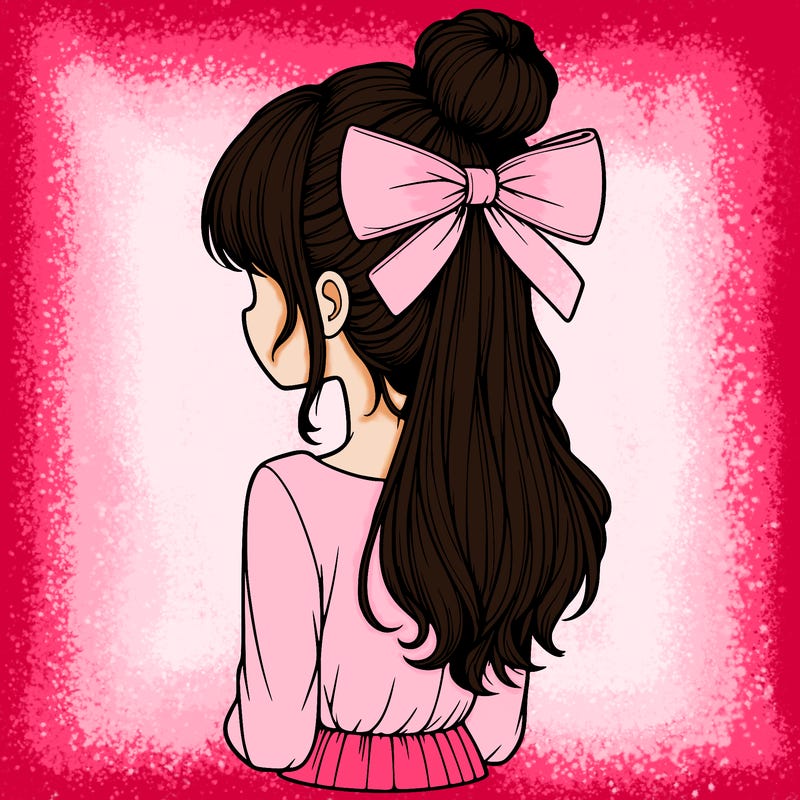 realistic girl  with hip length hair a bun and a big bow on the back of head