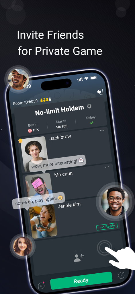 PokerUp: Social Poker - Interface do app PokerUp mostrando o lobby de jogo privado e recursos de chat social com amigos