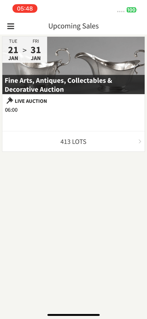 Ashbeys mobile app interface displaying an upcoming live auction for fine arts and antiques including 413 lots.