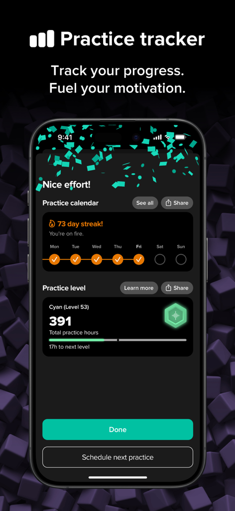 Screenshot of the Soundbrenner metronome app practice tracker featuring a 73 day streak and total practice hours