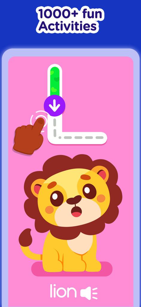 Piggy Panda: Learning Games - A letter tracing activity for kids featuring the letter L and a cute lion character.