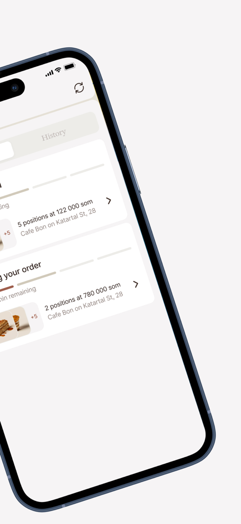 Bon! Café Français - Pantalla del historial de pedidos de la app Bon! Café Français mostrando transacciones pasadas y ubicaciones de cafés