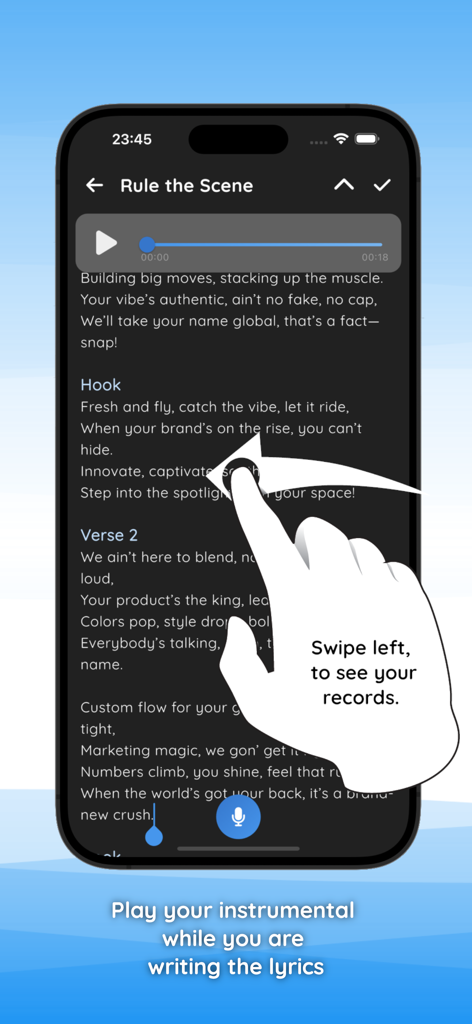 My Lyrics X app interface for writing song lyrics while playing an instrumental beat