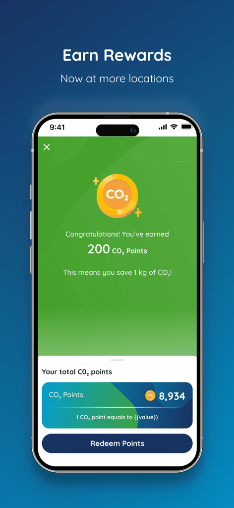 Uno schermo di smartphone che mostra l'interfaccia dell'app ALBA STEP UP con 200 punti CO2 guadagnati per il riciclo