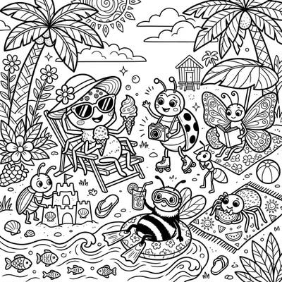 Get ready for a sunny adventure with this delightful coloring page featuring cute insects and arachnids enjoying a vibrant summer day. From sandy beaches to cool waters, these little critters are making the most of their summer vacation, just waiting for your creative touch.