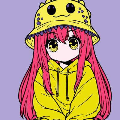 girl with anime shaped eyes with a dinosaur bucket hat oversized sweatshirt long straight hair