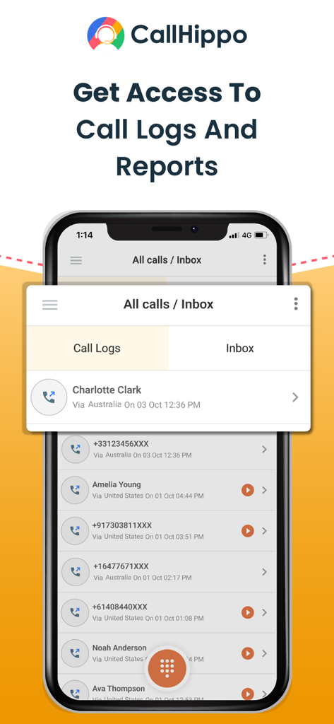 CallHippo - A smartphone displaying the CallHippo app interface showing business call logs and reports with contact names and call details.