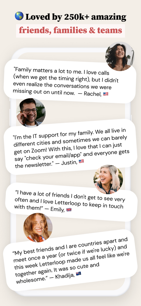 Letterloop: Group Newsletters - User testimonials from friends and families using the Letterloop group newsletter app