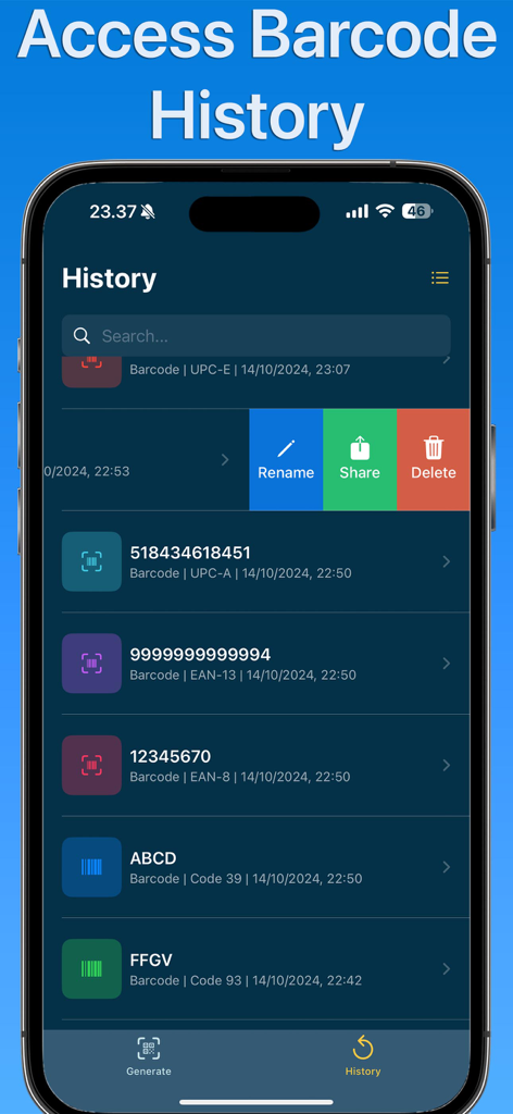 A screenshot of the history screen in the Barcode Maker app showing a list of saved barcodes with options to rename share and delete
