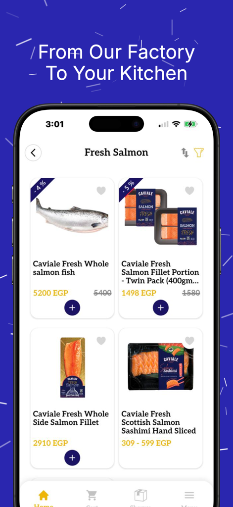 Maxim Seafood - A mobile app interface displaying premium fresh salmon products like whole fish and sashimi fillets