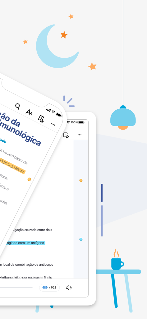 Oberfläche der Minha Biblioteca App auf Mobilgeräten, die akademischen Text mit farbcodierten Markierungen und Lerntools anzeigt