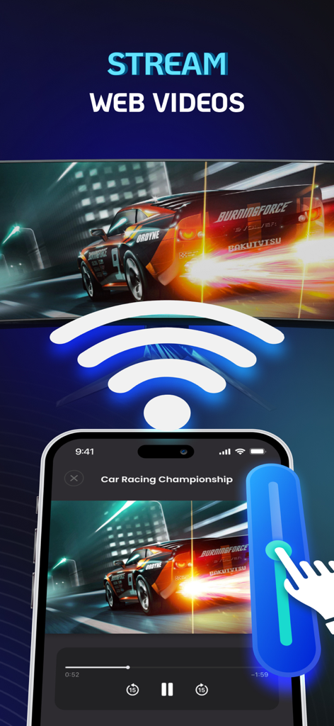Aplicativo de iPhone transmitindo vídeos da web para uma TV Samsung sem fio