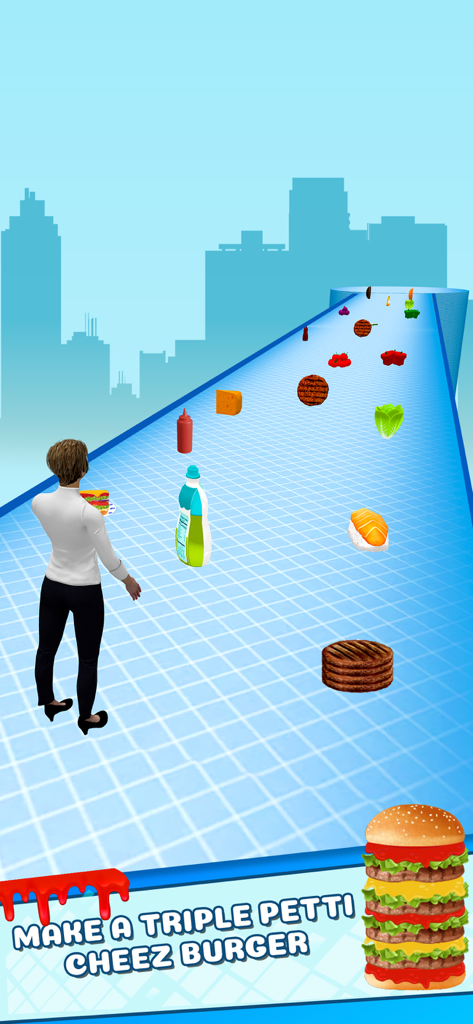 Burger Please Run Stack Game - Gameplay of a burger stacking runner game where players collect ingredients to build a burger