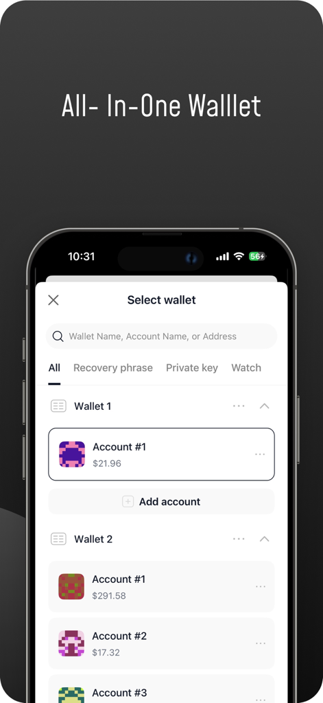 Digital Shield: Crypto Wallet - Interfaz de la aplicación Digital Shield que muestra múltiples cuentas y opciones de gestión de billetera.