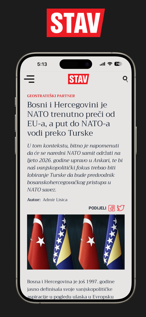 La interfaz de la aplicación Stav mostrando un artículo analítico sobre las relaciones de Bosnia y Herzegovina con la OTAN y Turquía.