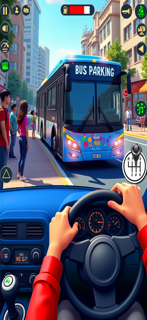 Bus Vehicle Master Driving - Visão em primeira pessoa do volante e painel de um motorista de ônibus em uma rua da cidade