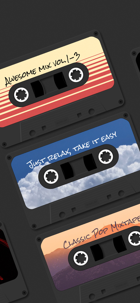 MuseList：Play your loved songs - A selection of vintage-style digital cassette tapes in the MuseList app with labels like Awesome Mix and Classic Pop Mixtape.