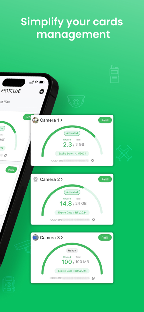 Interfaz del panel de control para gestionar el uso de datos de múltiples tarjetas SIM IoT en la aplicación EIOTCLUB