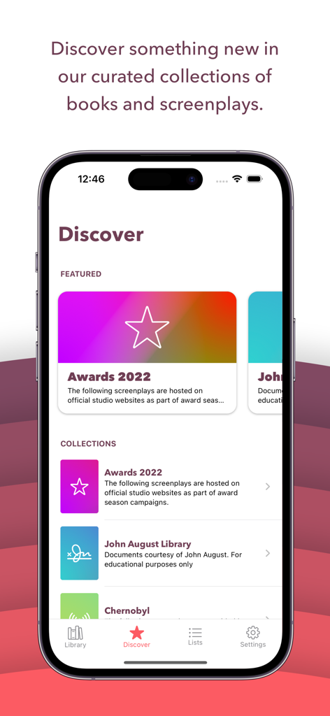 Weekend Read 2 app showing curated screenplay and book collections on an iPhone