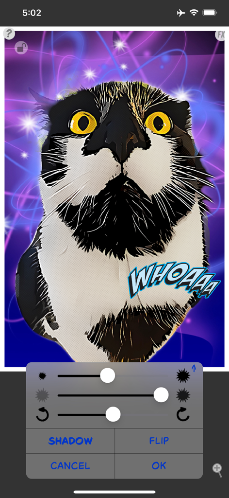 ComicBook app interface showing a cat photo with stylized comic filters and editing tools