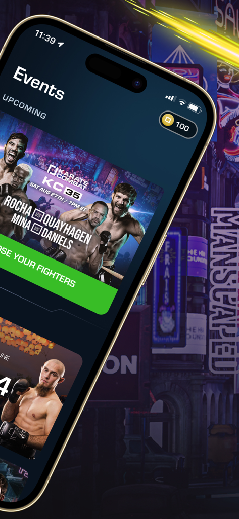 Karate Combat - Vote Live! - Karate Combat app screen showing upcoming events and a green button to choose fighters for voting