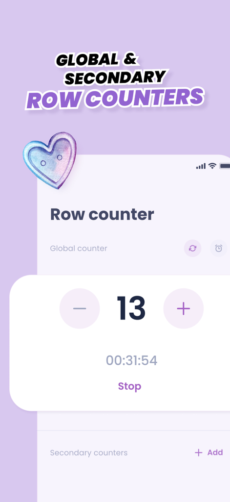 Crochet row & stitch counter - Interface do aplicativo de crochê exibindo um contador global de carreiras e um timer de projeto