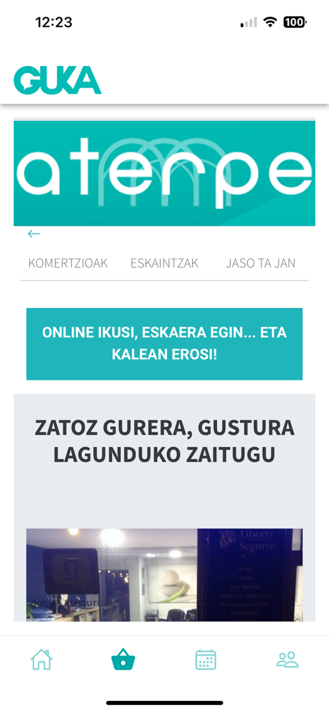 Pantalla de la aplicación Guka mostrando la sección Aterpe para escaparates y ofertas de comerciantes vascos locales