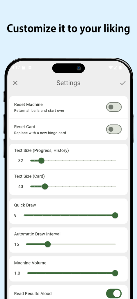 El menú de configuración de la aplicación Bingo Machine que muestra opciones de accesibilidad y personalización del juego