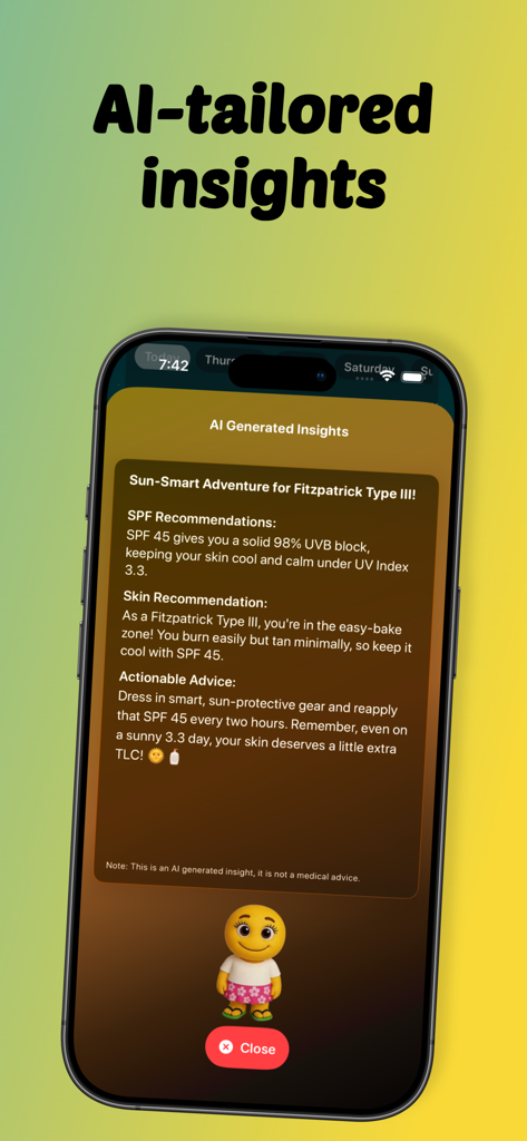 Tela do aplicativo UVBuddy exibindo insights de segurança solar adaptados por IA e recomendações de FPS para tipos de pele Fitzpatrick.